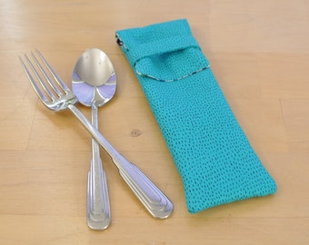 Utensil Pouch - fun cutlery carrier - handmade silverware case - fabric picnic pouch - lunch bag accessory - eyeglass case - blue black dash