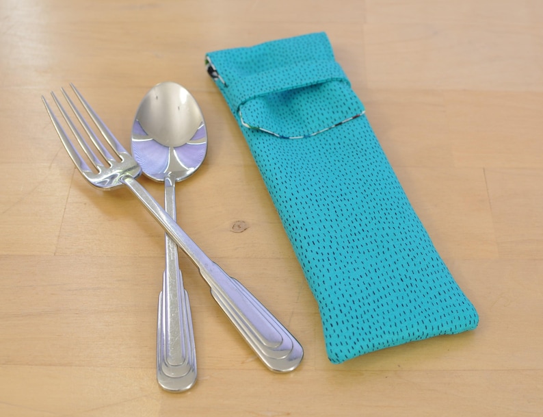 Utensil Pouch fun cutlery carrier handmade silverware case fabric picnic pouch lunch bag accessory eyeglass case blue black dash image 1