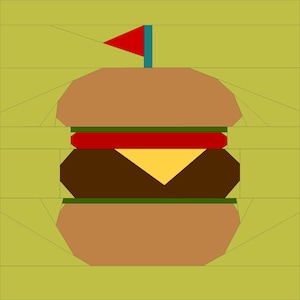 Könnte beinhalten: Geometrische Illustration eines Hamburgers mit roter Flagge oben. Der Burger hat ein braunes Patty, gelben Käse, rote Tomaten und grünen Salat zwischen zwei braunen Brötchen. Der Hintergrund ist hellgrün.