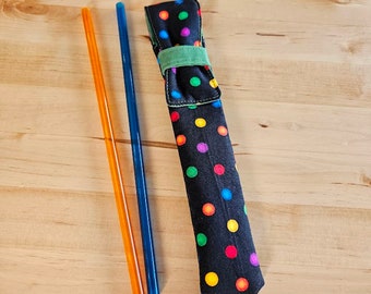 Chopstick Pouch - reusable straw case - teacher gift - crochet hook bag - knitting needle bag - art organizer  - colorful polka dot green