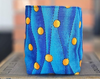 mini Fabric Basket - reversible handmade tea caddy - candy dish - gift idea - reversible container - party favor - blue yellow stripes