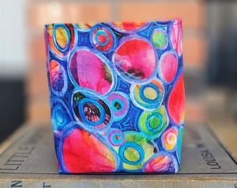 mini Fabric Basket - reversible handmade basket - home deco - reversible container - tea caddy - candy dish - party favor - colorful circles