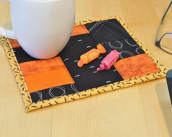 Mug rug - reusable snack mat - mini quilt - home decor - desk accessory - large fabric coaster - candle mat - orange black 46