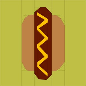 May include: A colorful, geometric illustration of a hot dog. The hot dog features a brown bun, a dark brown sausage with yellow zigzag lines of mustard. The background is a light green color.