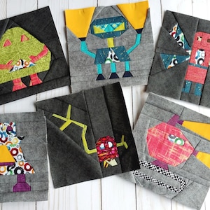 Set of 6 PDF Robot Quilt Block Patterns - foundation paper piecing pattern - science fiction design - fpp craft pattern - DIY sewing project