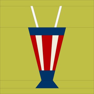 May include: A graphic illustration of a tall, tapered glass featuring a red, white, and blue striped pattern. The glass has a dark blue rim and base, and two white straws extend from the top against a solid, muted olive green background.