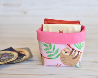 Sloths mini Fabric Basket - reversible handmade basket - home decor - reversible container - tea bag caddy - candy dish - party favor - pink