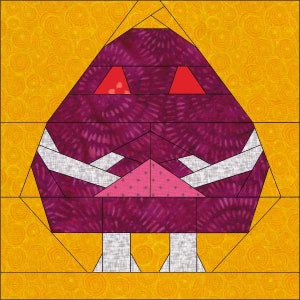 May include: A quilt block pattern featuring a stylized purple creature with a rounded body, two red triangular eyes, a pink triangular nose, and two white curved tusks. The creature stands on two white feet against a bright orange background.