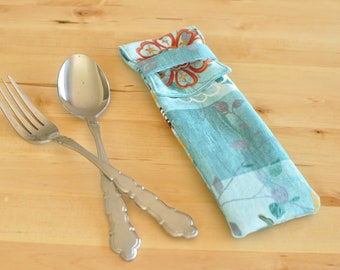 Utensil Pouch - fun cutlery carrier - handmade silverware case - fabric picnic pouch - lunch bag accessory - eyeglass case - blue butterfly