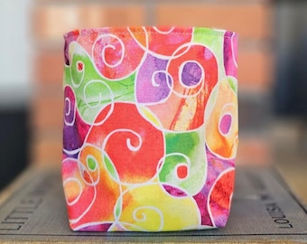 mini Fabric Basket - reversible handmade basket - candy dish - gift idea - stocking stuffer - tea bag caddy - colorful swirls