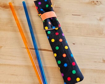 Chopstick Pouch - reusable straw case - teacher gift - crochet hook bag - knitting needle bag - art organizer  - colorful polka dot orange