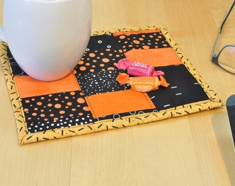 Mug rug - reusable snack mat - mini quilt - home decor - desk accessory - large fabric coaster - candle mat - orange black 48