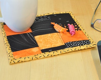Mug rug - reusable snack mat - mini quilt - home decor - desk accessory - large fabric coaster - candle mat - orange black 47