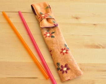 Chopstick Pouch - reusable straw carrier - makeup brush case - crochet hook bag - knitting needle pouch - art supply bag - orange flowers