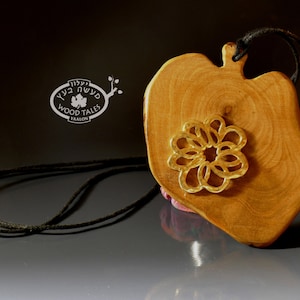 Wooden Pendant Necklace, Long Boho Bohemian Necklace for Women with a Big Olive Wood Leaf Charm and a Metal Flower Ornament, Nature Inspired