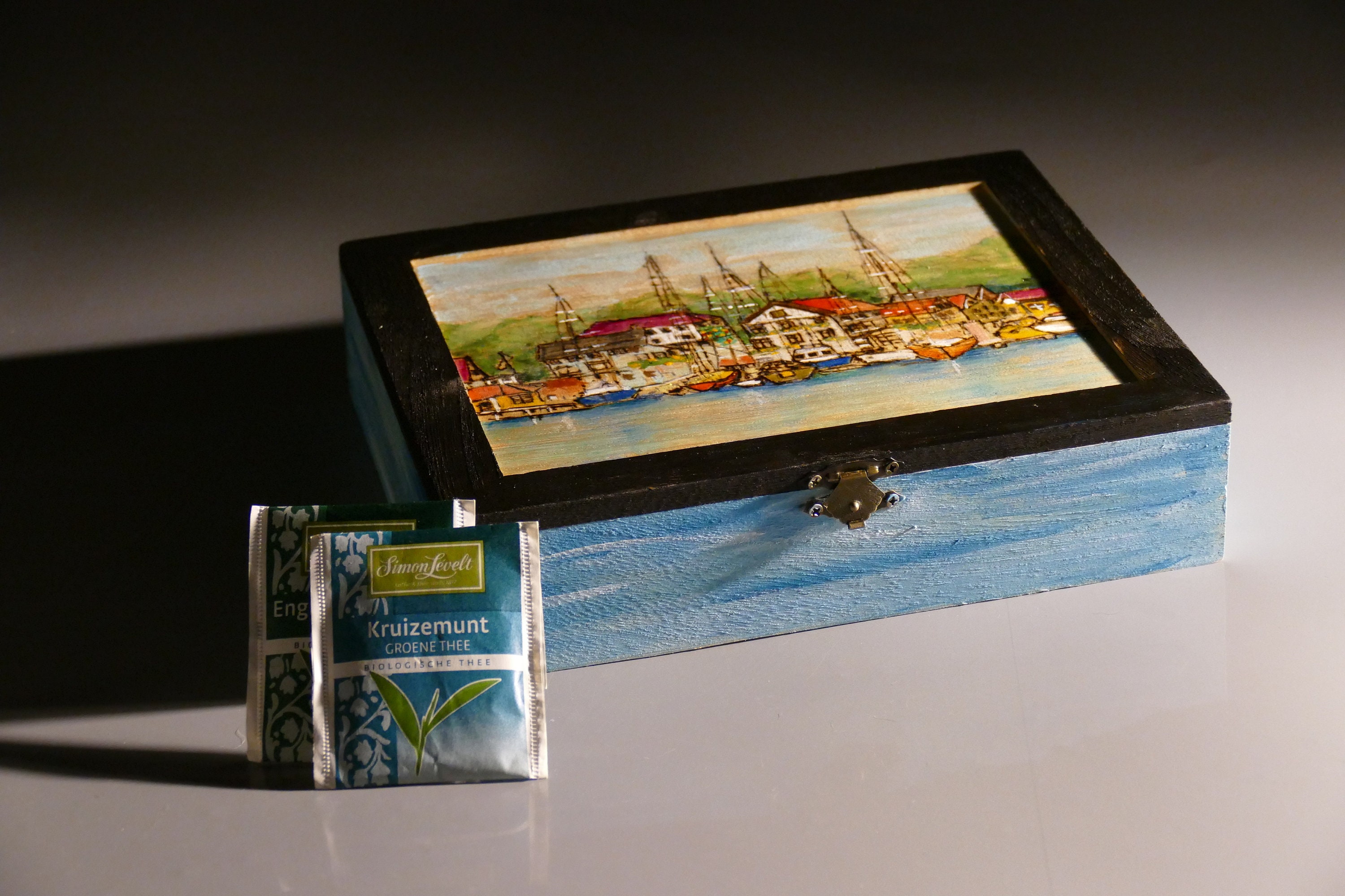 Wooden Tea Box With 9 Compartments and Latch, Hand Painted Rustic Tea ...