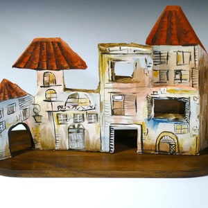 Little Ceramic Houses on Wooden Stand, Handmade Hand-Painted Shelf Decoration, Cute Miniature Houses Decor, Tiny Houses, Housewarming Gift