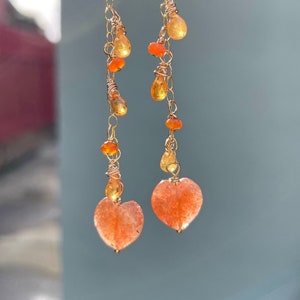 Sunstone, Fire Opal, and Mandarin Garnet Carved Heart Gemstone Earrings