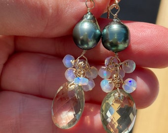 Tahitian Pearl, Ethiopian Opals and Oval-cut Green Amethyst Earrings