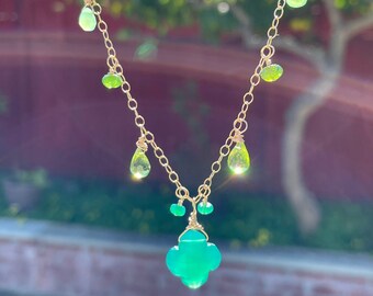 Shamrock Necklace - Green Onyx and Gemstones in 14K Gold-filled