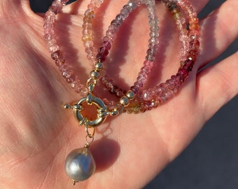 Multi-colored Spinel and Silver Tahitian Pearl Beaded Necklace with Gold-filled Nautical Clasp