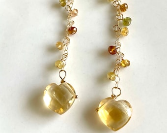 Citrine and Yellow Tourmaline Carved Heart Gemstone Earrings