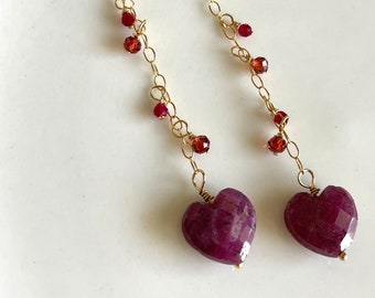 Garnet and Ruby Heart Carved Gemstone Earrings