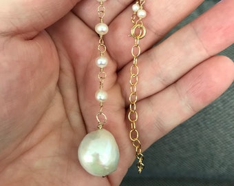 White Freshwater Pearl Y Necklace in Gold-fill