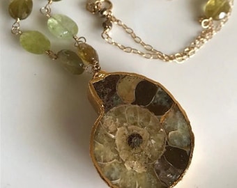 Ammonite and Grossular Green Garnet Pendant Necklace