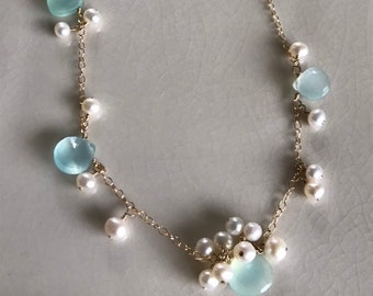 Aqua Chalcedony Beads and Pearl Necklace gold Filled Beads handmade ...