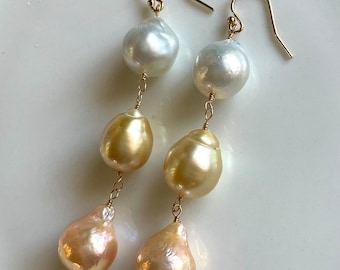 Peach, Gold and White South Sea and Edison Pearl Triple Drop Earrings