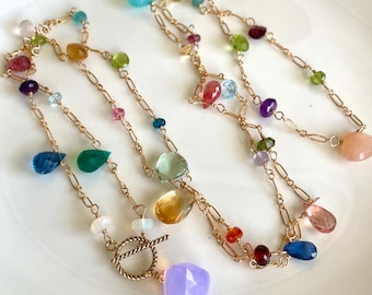 Colorful Gemstone Long Rainbow Necklace, Mixed Gems in Gold Filled