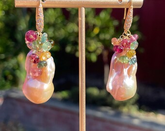 Blush Baroque Flameball Pearl and Tourmaline Earrings