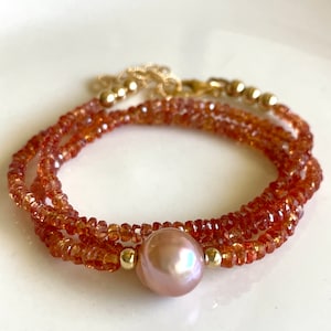 Peach Padparadscha Sapphire and Edison Pearl Beaded Gemstone Necklace