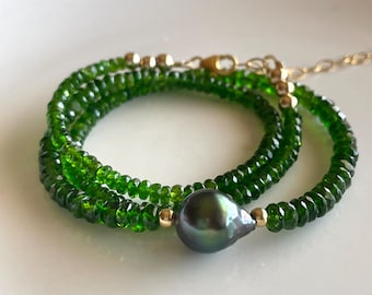 Chrome Diopside and Tahitian Pearl Beaded Gemstone Necklace