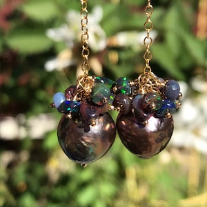 Black Edison Pearl and Ethiopian Opal Earrings image 1