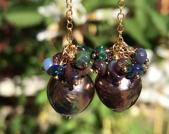 Black Edison Pearl and Ethiopian Opal Earrings