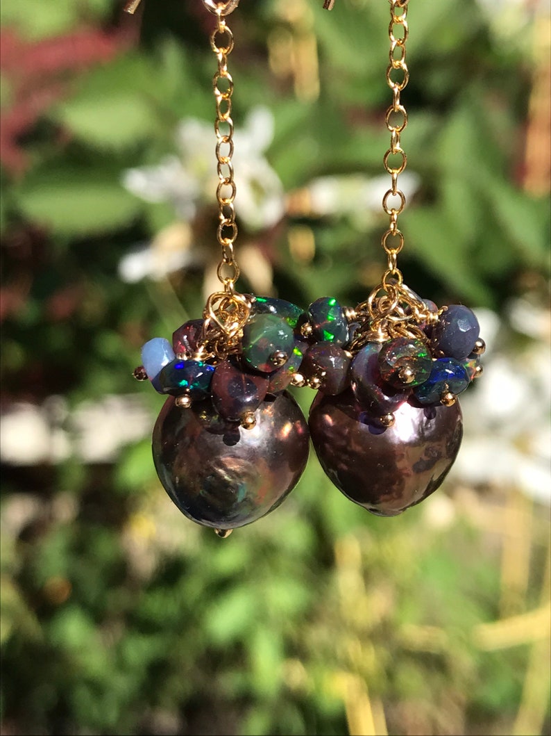 Black Edison Pearl and Ethiopian Opal Earrings image 1