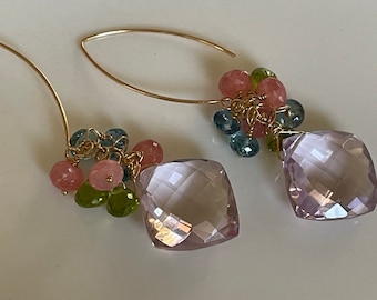 Pink Amethyst Cushion Gemstone Earrings