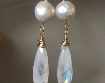 Edison Pearl and Rainbow Moonstone Drop Earrings