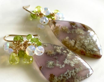 Purple Moss Agate Earrings with Peridot, Ethiopian Opal, and Light Green Zircon