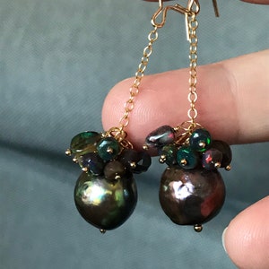 Black Edison Pearl and Ethiopian Opal Earrings image 4