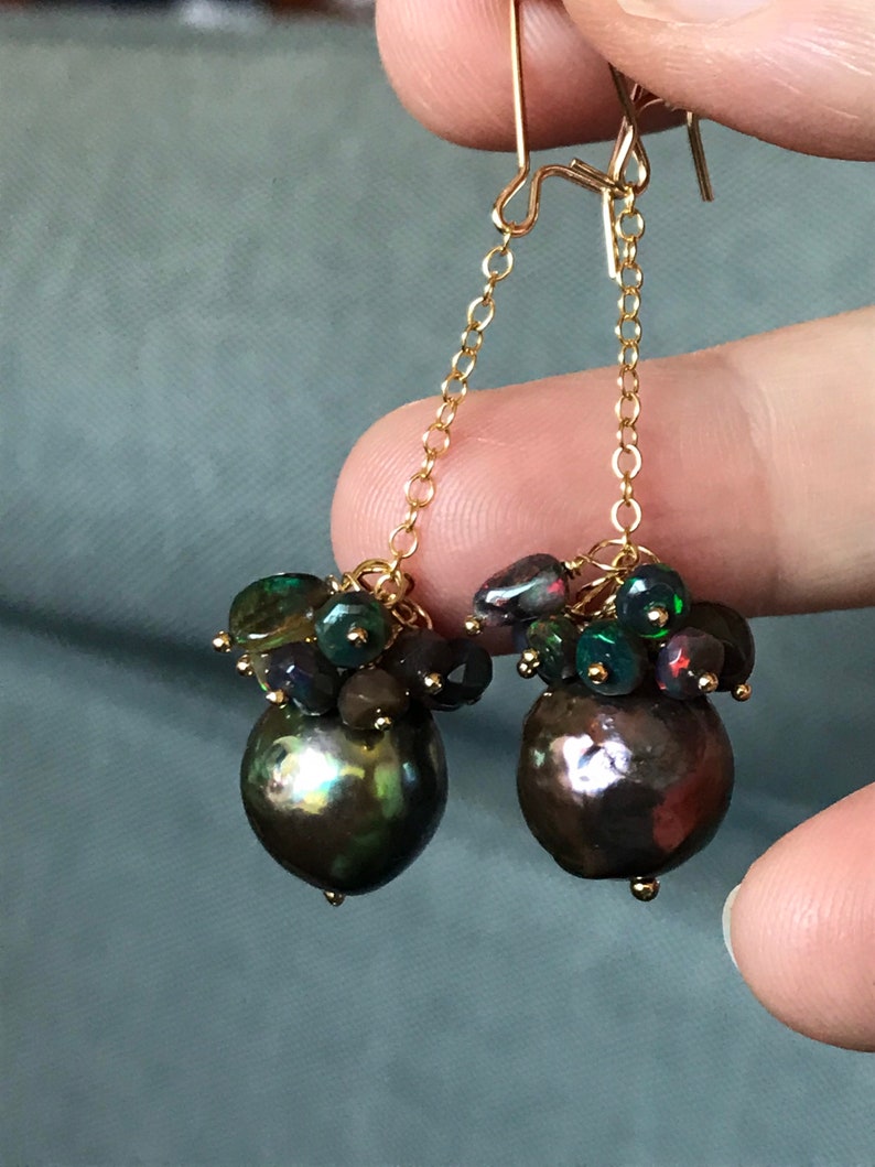 Black Edison Pearl and Ethiopian Opal Earrings image 4