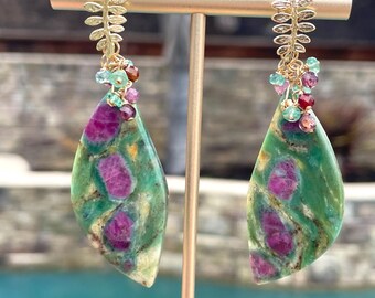 Ruby Fuchsite Earrings with Rubies and Emeralds