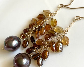 Chocolate Tahitian Pearl and Amber Tourmaline Earrings