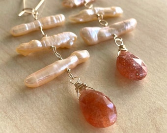Sunstone and Peach Biwa Pearl Gold-filled Earrings