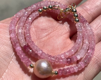 Ombré Pink Afghani Tourmaline and Edison Pearl Gemstone Beaded Necklace