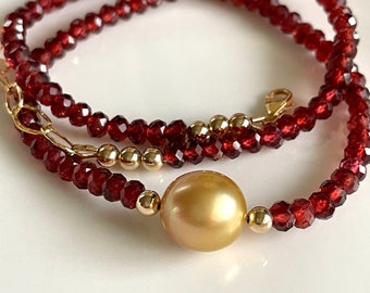 Luxe Red Garnet and Gold South Sea Pearl Beaded Gemstone Necklace