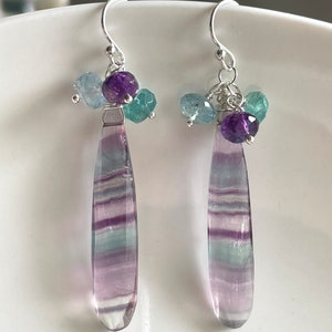 Fluorite Drop Earrings with Aquamarine, Apatite and Amethyst