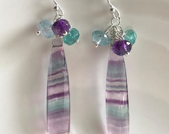 Fluorite Drop Earrings with Aquamarine, Apatite and Amethyst